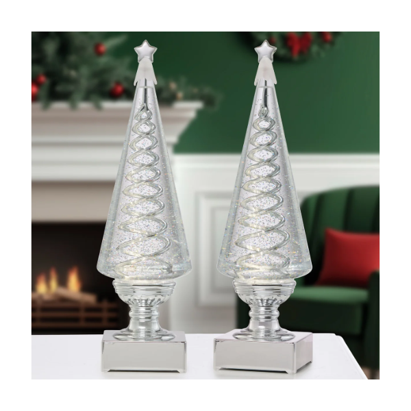 35.5 CM (14 IN.) SET OF 2 SPIRAL CHRISTMAS TREES - SILVER (BROKEN HEAD BUT WORKS PERFECT)