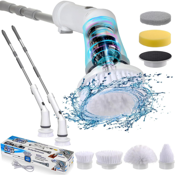 ELECTRIC SPIN SCRUBBER, CORDLESS CLEANING BRUSH WITH 6 REPLACEABLE BRUSH HEADS, ADJUSTABLE EXTENSION
