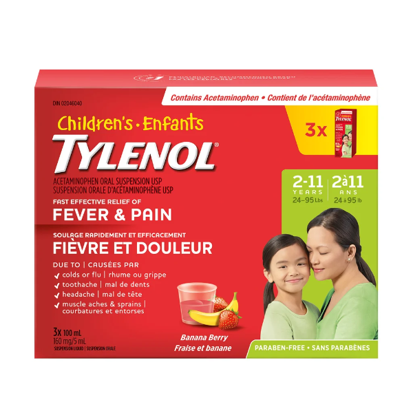 TYLENOL CHILDREN'S PAIN RELIEVER BANANA BERRY LIQUID, 3 X 100 ML