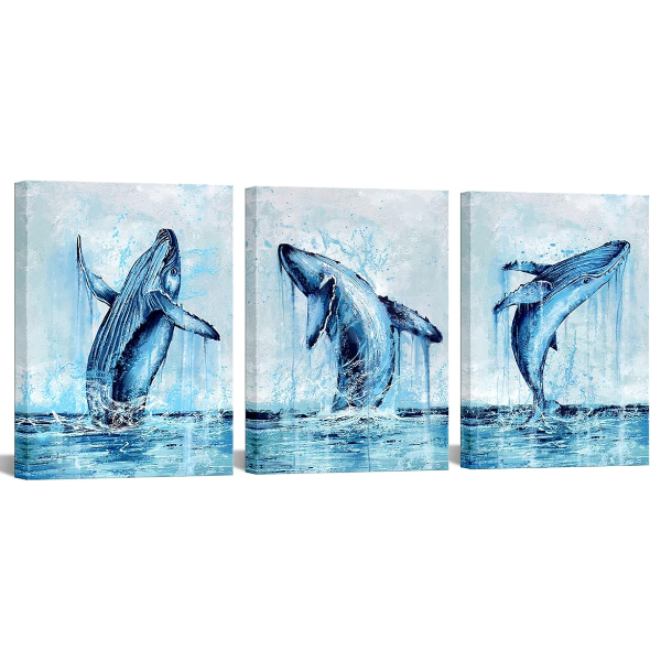 SECHARS 3 PIECE BLUE WHALE WALL ART DECOR. MODERN OCEAN MARINE LIFE WILDLIFE PAINTING