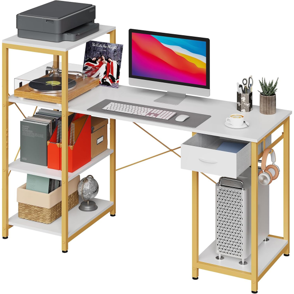 GYIIYUO COMPUTER DESK 55 INCH WITH WIDER 14'' PRINTER SHELVES