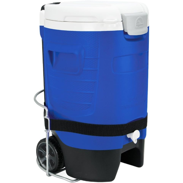 IGLOO 5 GALLON WHEELED PORTABLE SPORTS COOLER WATER BEVERAGE DISPENSER WITH FLAT SEAT LID -SU