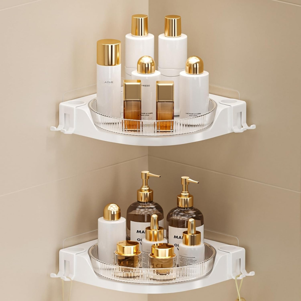 360° ROTATING CORNER SHOWER SHELF, 2 PACK SHOWER ORGANIZER WITH HOOKS