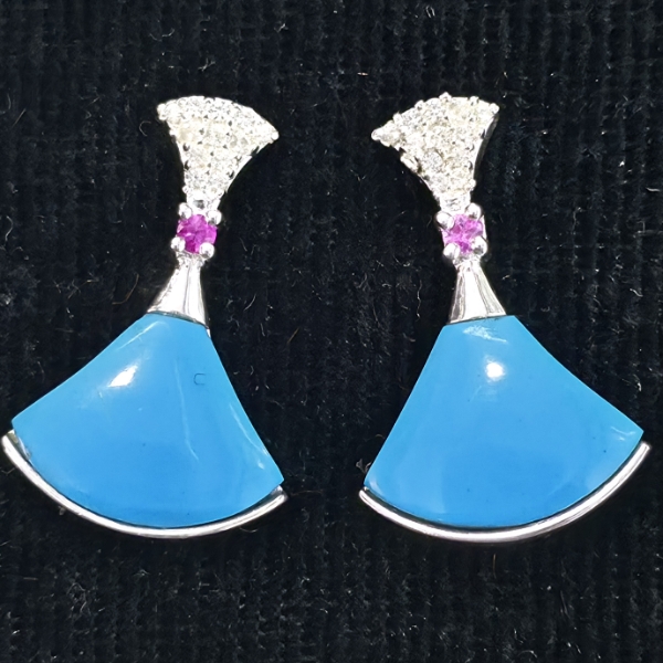 MODERN FAN-SHAPED TURQUOISE, PINK SAPPHIREEARRINGS 