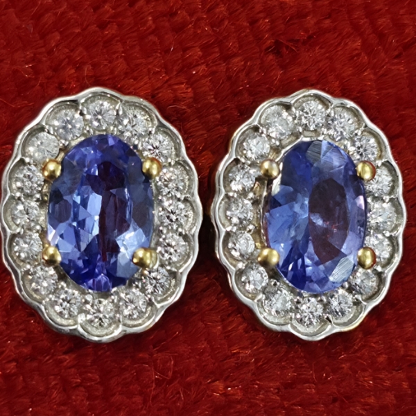 OVAL TANZANITE HALO TWO-TONE STUD EARRINGS