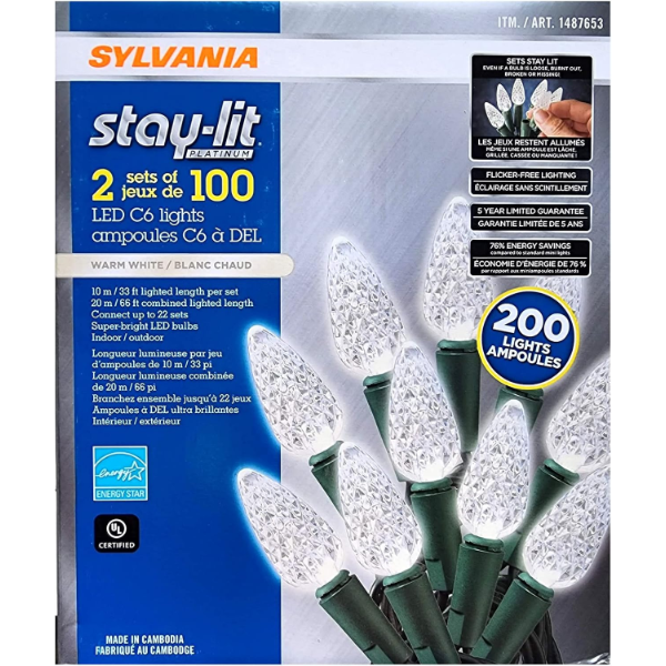 SYLVANIA - STAY-LIT LED C6 OUTDOOR/INDOOR STRING LIGHTS, 2 X 100 LIGHTS, WARM WHITE -U
