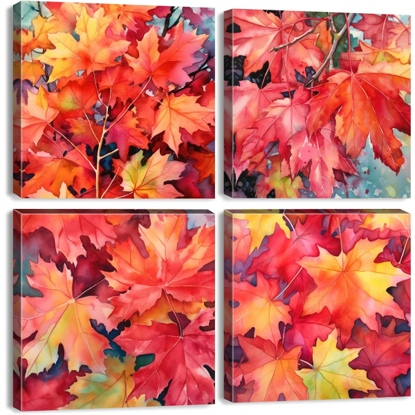 AUTUMN MAPLE LEAF CANVAS WALL ART PICTURES, WATERCOLOR NATURE PAINTINGS.
