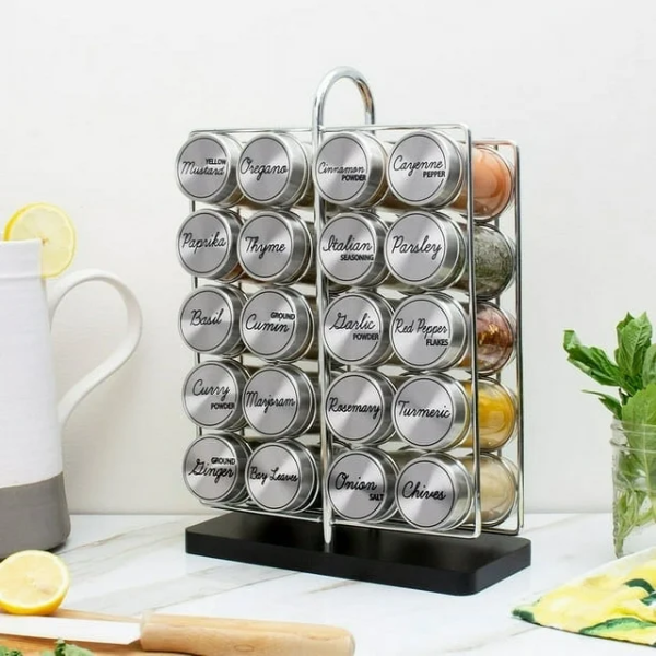 ORII 20 JAR SPICE RACK STAINLESS STEEL FILLED WITH SPICES (SIMILAR) (USED, MISSING PARTS)