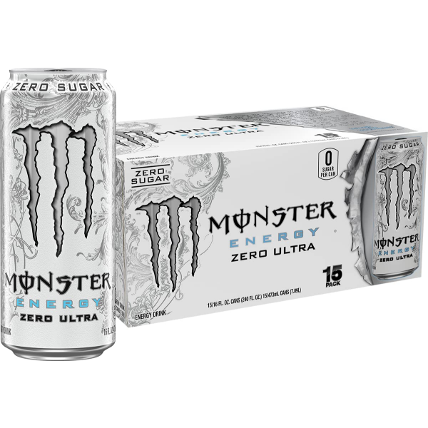 MONSTER ENERGY ZERO ULTRA, SUGAR FREE ENERGY DRINK, 16 OUNCE (PACK OF 15)