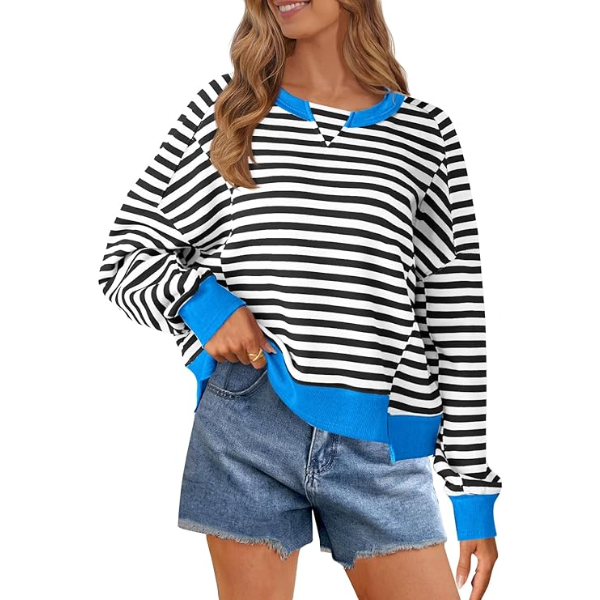 MEROKEETY WOMEN'S STRIPED COLOR BLOCK CROPPED SWEATSHIRTS "PINK" "LARGE"