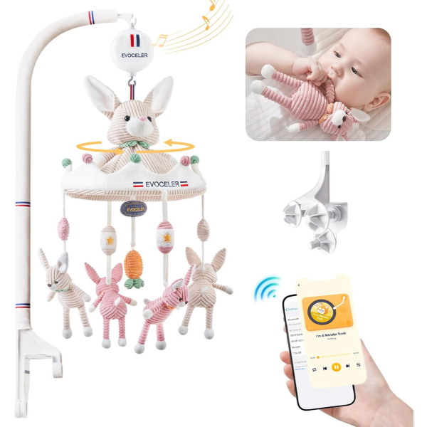 EVOCELER BABY CRIB MOBILE, BLUETOOTH MUSICAL MOBILE FOR CRIB - 35 LULLABIES