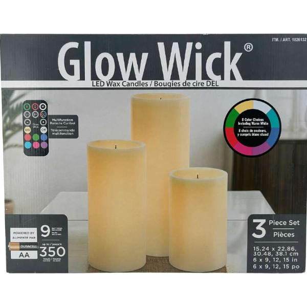 GLOW WICK COLOUR CHANGING LED WAX CANDLES / 3 PIECE SET  (USED, 1 MISSING CANDLE)