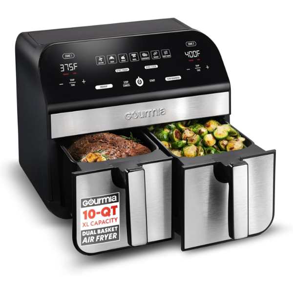 GOURMIA 10-QUART/9.4 LITER CAPACITY DUAL BASKET DIGITAL AIR FRYER (SLIGHTLY USED)