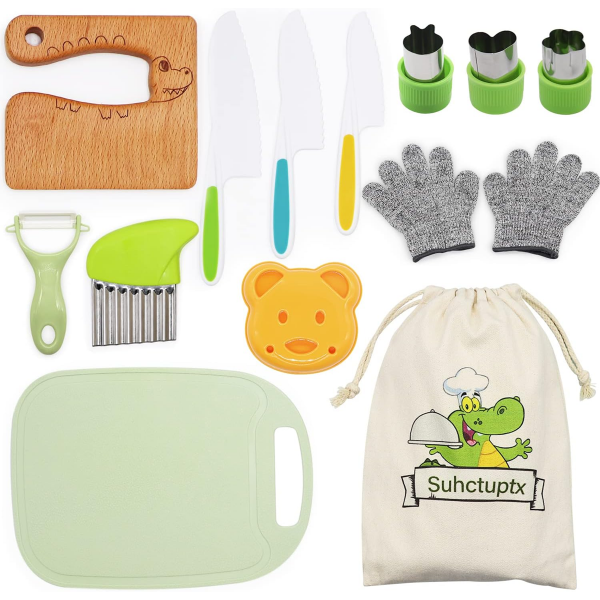 14 PIECES WOODEN KIDS KITCHEN KNIFE SET WITH GLOVES CUTTING BOARD FRUIT VEGETABLE CRINKLE CUTTERS