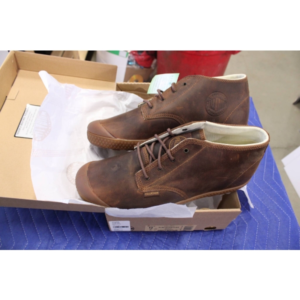 OluKai Moloa Hulu men's shoes in saddle brown, size 12. Made from premium leather with rubber soles.