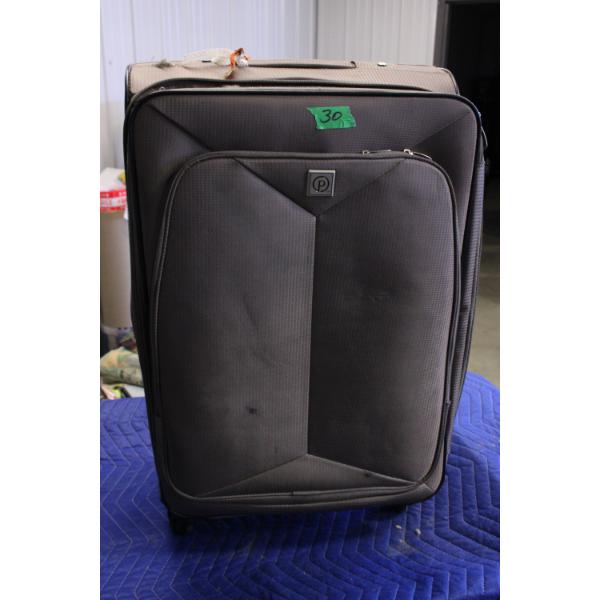 Gray Suitcase with Front Zipper Pocket
