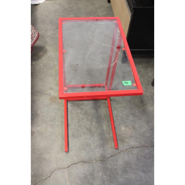 Red Metal and Glass Side Table
