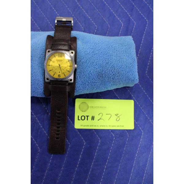 Diesel Brand Watch with Yellow Dial and Leather Strap
