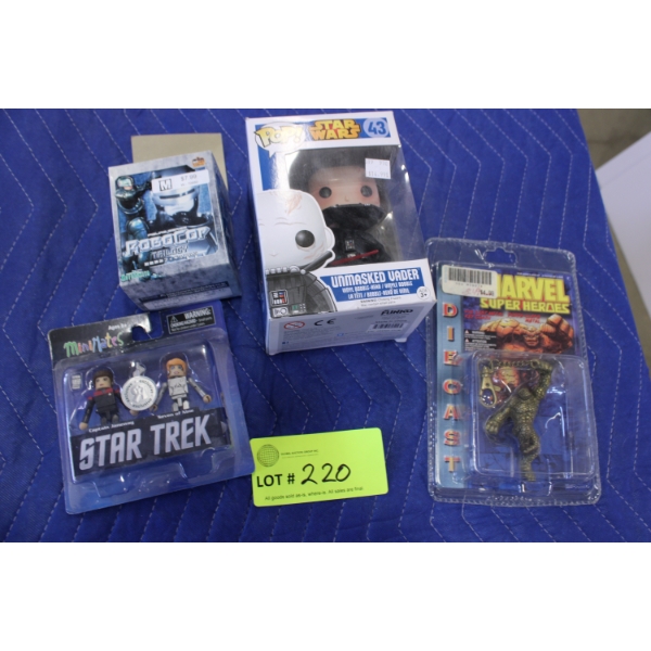 Collectible action figures including a Funko Pop #43 Unmasked Vader (Star Wars)
Collectible action f