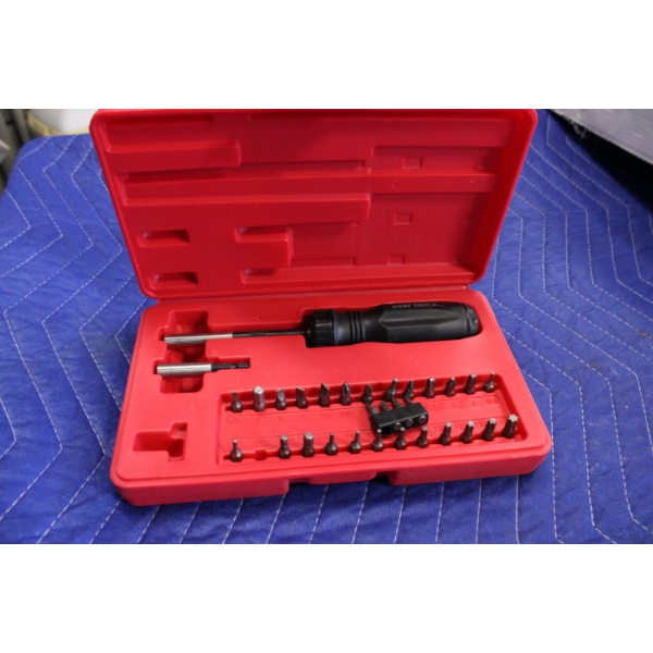 Gray Tools Screwdriver and Bit Set with Red Plastic Case
