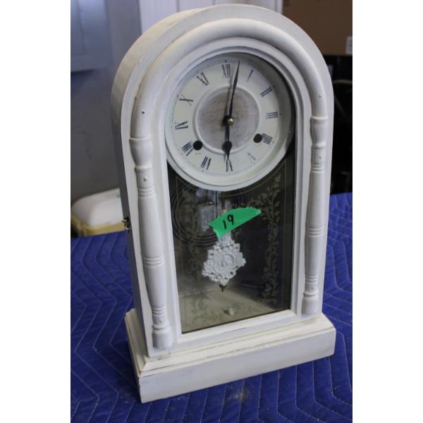White Painted Mantel Clock with Roman Numerals
