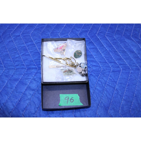Lot of lapel pins, tie clips and other items