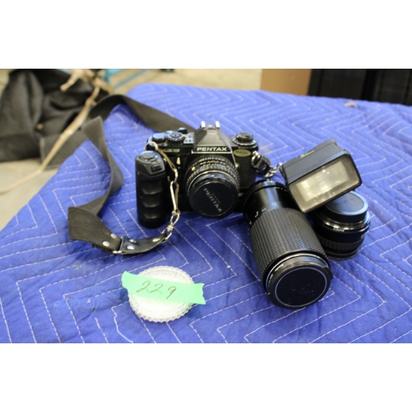 Vintage Pentax Film Camera with External Flash and Telephoto Lens