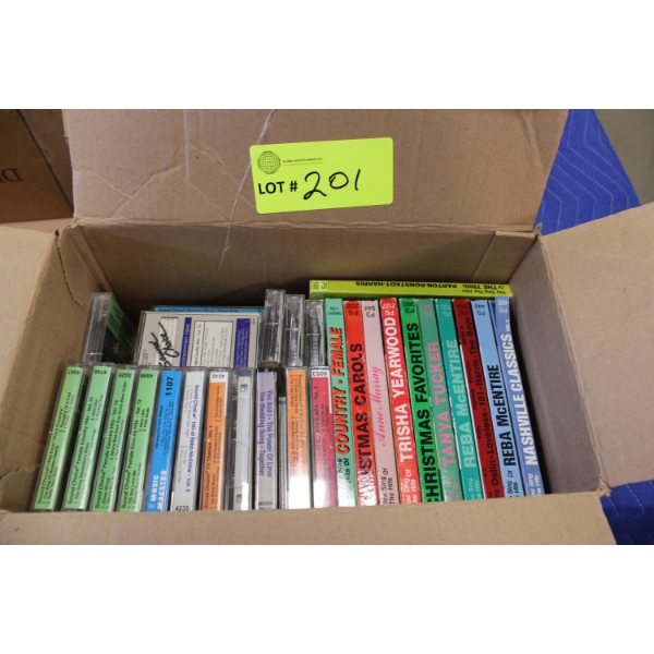 Box Lot of Various Music Cassette Tapes Including Country and Holiday Genres
