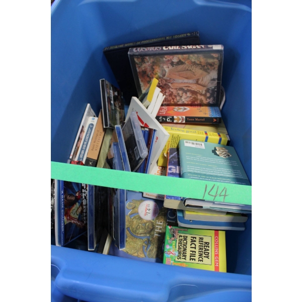 Books and Media in Blue Plastic Bin
