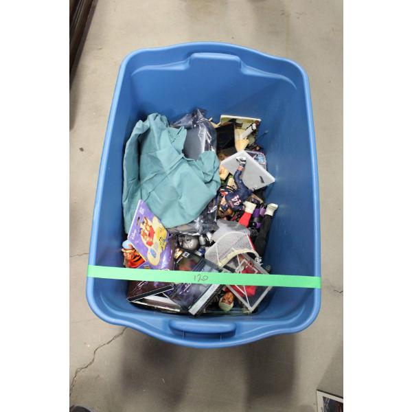 Large Blue Plastic Bin with Assorted Items
