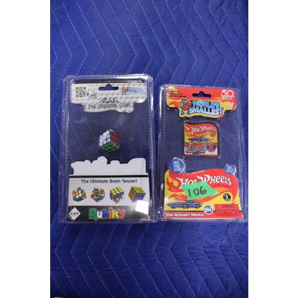 Rubik's Cube keychain and Hot Wheels die-cast toy car