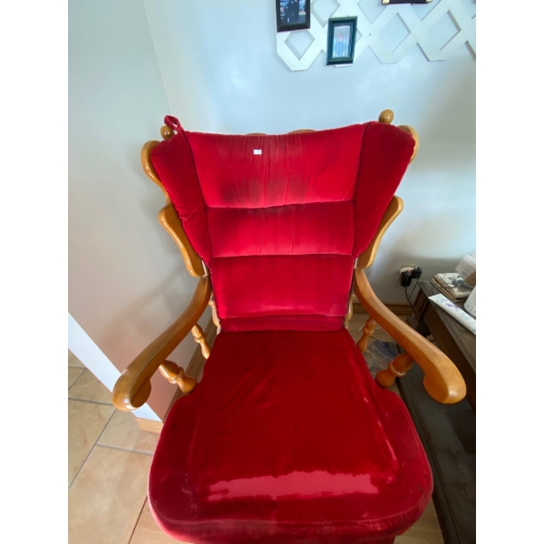 Wooden glider chair with velvet top cushions red