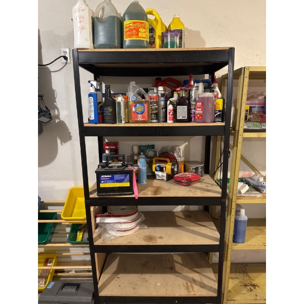 Metal shelving unit 36in wide, 72in tall and 18in deep with all items on rack included, such as a fi