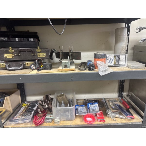 All items on these two shelves including a hand saw, full thing of grease, tools, nuts and bolts, fo