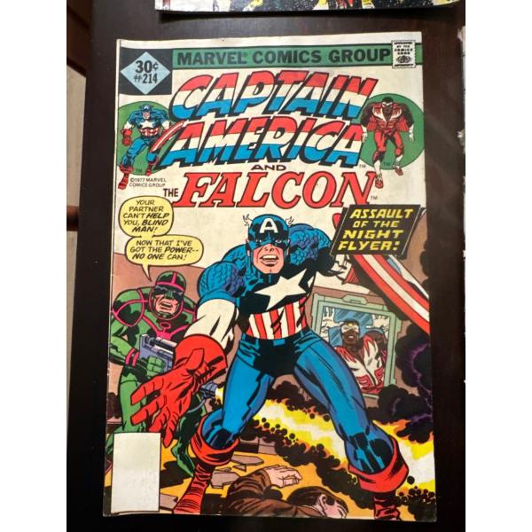  vintage comic book, specifically "Captain America and the Falcon" issue #214 from the Marvel Comics
