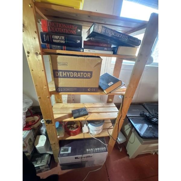 Wooden shelf with books and content included, the shelf is 32in wide, 64in tall and 13.5in deep