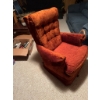 Image 2 : One blue fabric sofa with wood trim and one orange upholstered armchair with tufted back and wide ar