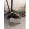 Image 1 : Various floor jacks for jacking vehicles. One large green jack and chain and one wheel chock