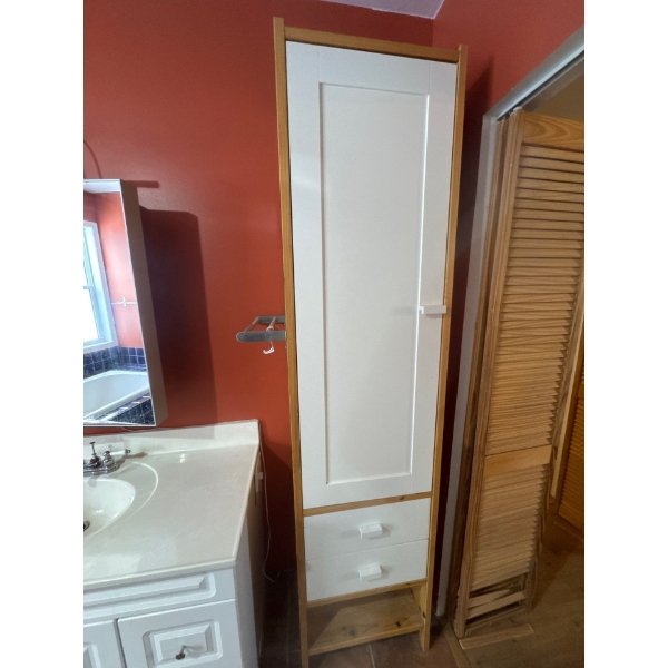 Very nice wooden bathroom storage cabinet with metal towel hanging rack with two sliding drawers and