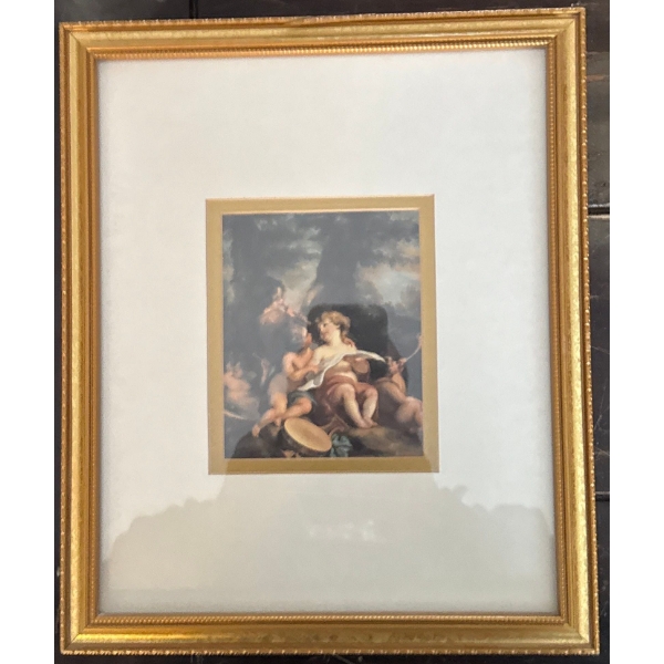  framed and matted print featuring a Rococo-style scene of cherubs. 