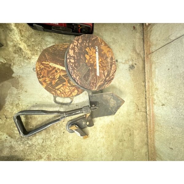 Five gallon pail seat toppers, foldable shovel, and vintage knife. hunting or camping kit