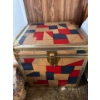 Image 1 : This is a small vintage patchwork leather trunk with brass hardware. It is a decorative storage item