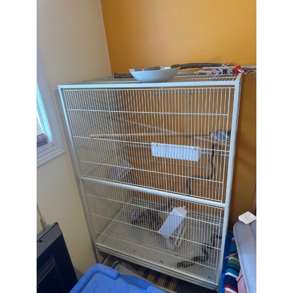 White metal bird cage, 31in wide, 52.5in tall and 20.5in deep, contents inside bird cage included.