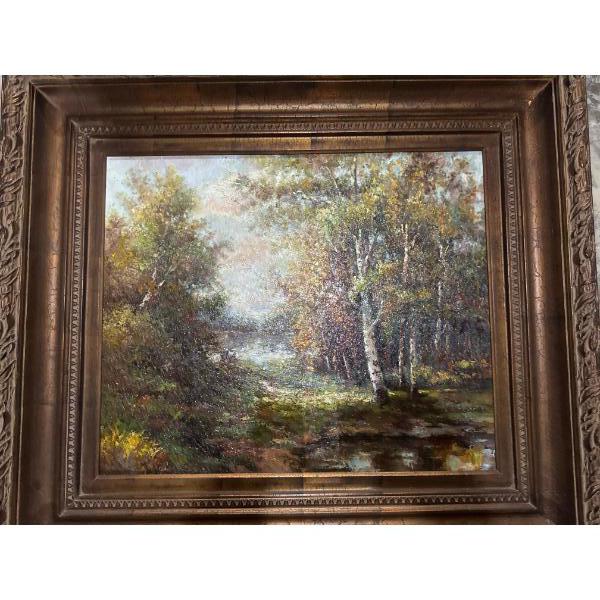 Framed oil painting on canvas featuring a birch forest landscape, likely of Canadian origin. 
Art St