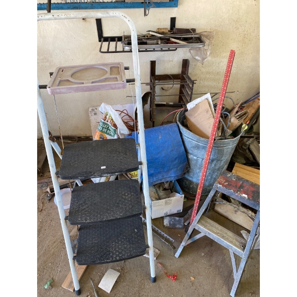  Wood pellets, stepping stools levels, wood horses scrap steel all contents in corner included