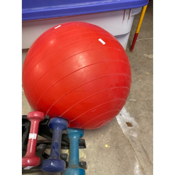  Pilates ball and assorted weights with weight rack 1 to 5 pounds and 2 dumb bells
