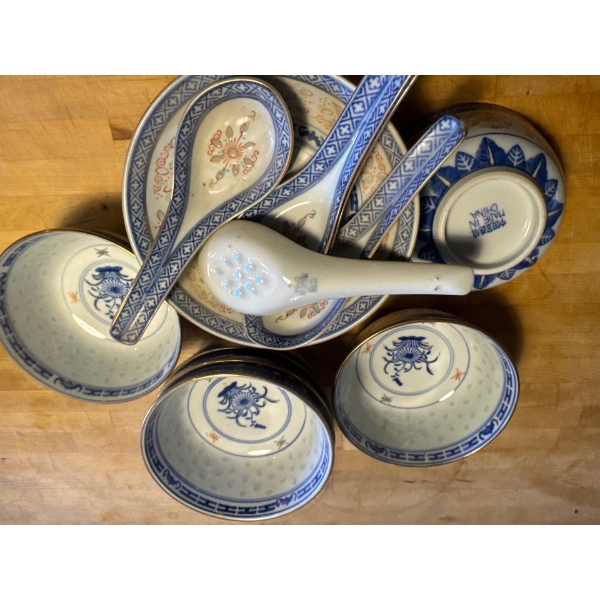  collection of traditional Chinese Jingdezhen blue and white porcelain bowls and spoons featuring th