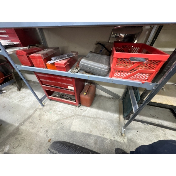 Four red  carry toolboxes with contents included, red tool storage chest, hand riveter, bolt cutters