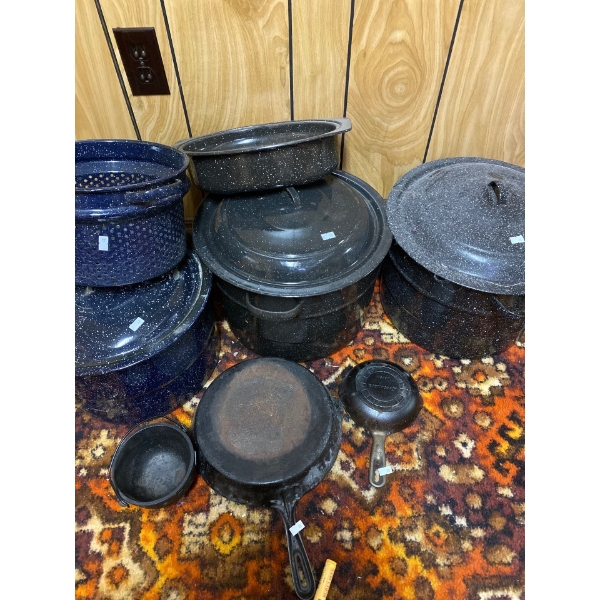 Various cookware and smarts Brockville number nine cast-iron pan and cast-iron pot 1887 to 1867 and 