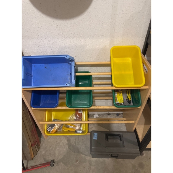 Tool or toy shelving unit with colorful containers for storage 34in wide 31in tall and 12in deep wit